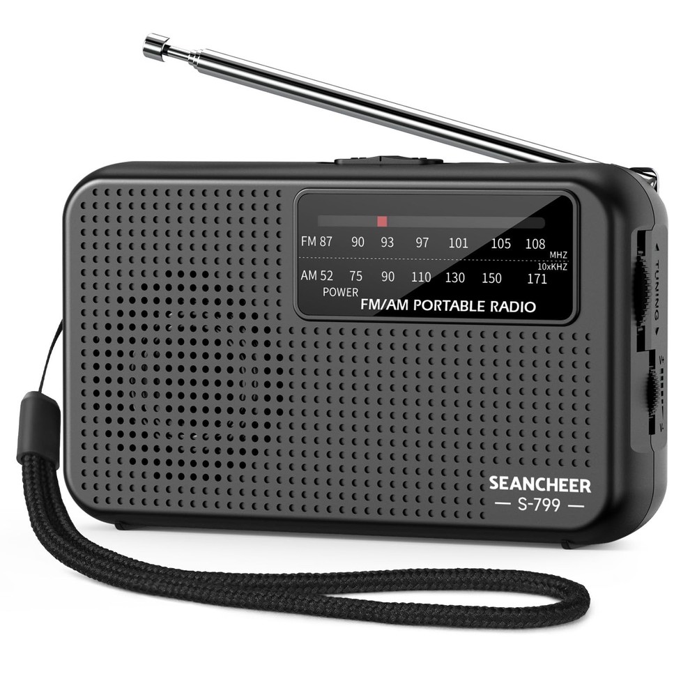Mini AM FM Radio Battery Operated with Lanyard Black Portable Pocket Radio