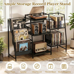 LED Record Player Stand with Storage for 300 Albums – Black Vinyl Shelf