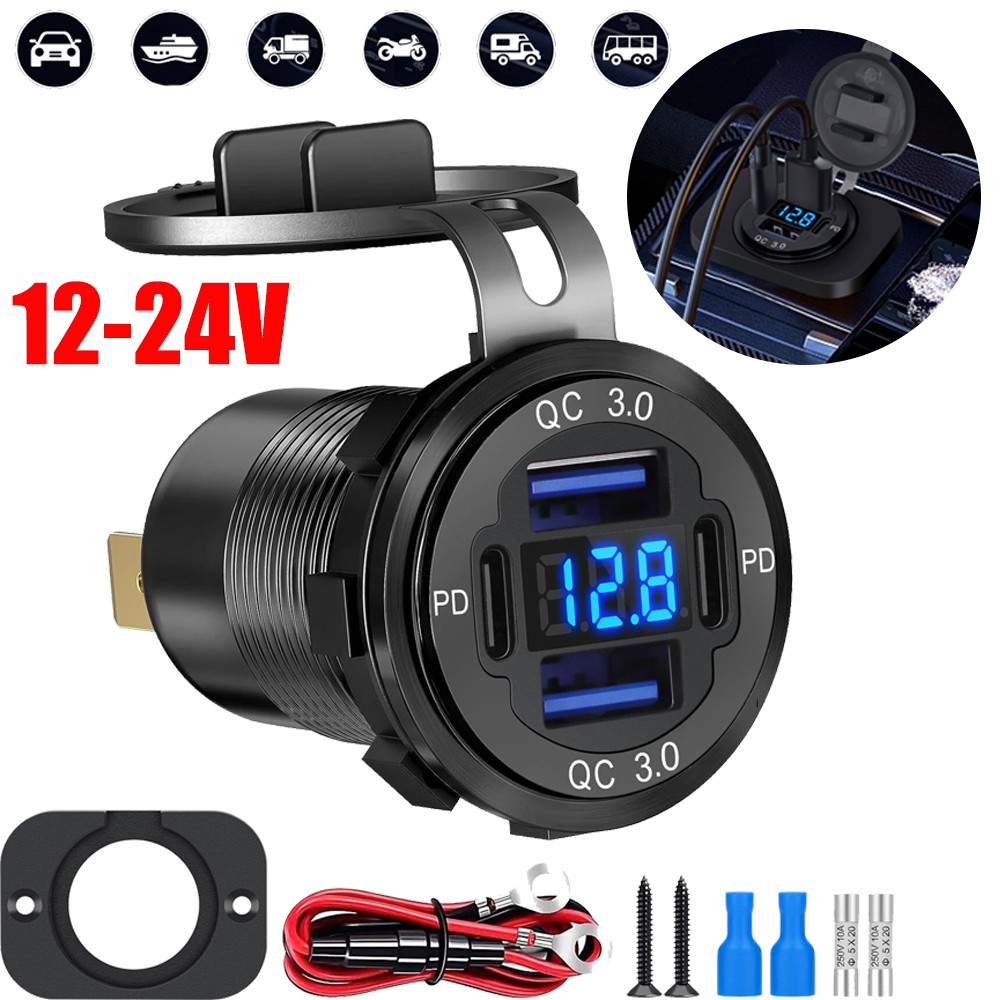 12-24V 4 Port Fast Car Charger QC3.0 & PD USB C Outlet Socket for Boat RV Marine