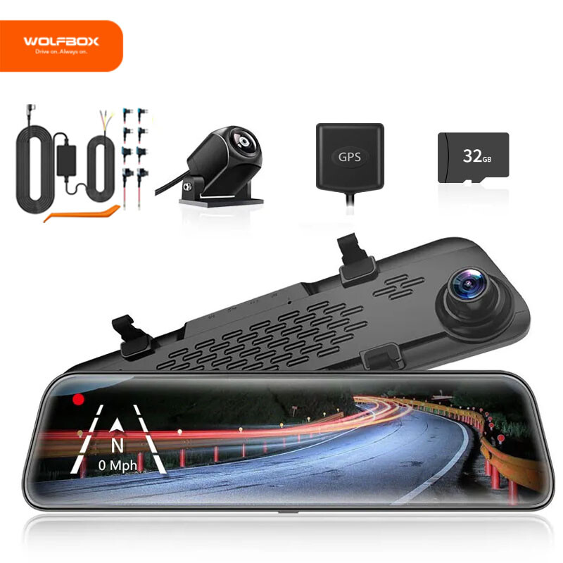 WOLFBOX 1080P Dash Cam Mirror Dual Cameras Front and Rear View Free 32G SD