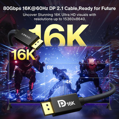 80Gbps Displayport Cable 2.1, 16K DP Cord [16K@60Hz,8K@120Hz,4K@240Hz], Display