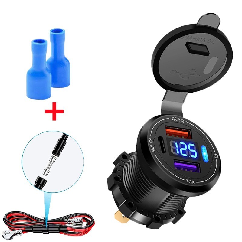 Dual USB Car Charger PD QC3.0 Fast Charging with LED Voltmeter 12V-24V