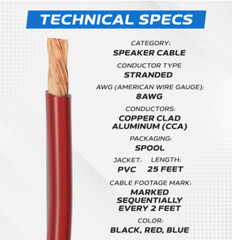 25FT – Translucent Primary Speaker/Auto/Power Cable 8AWG CCA Enhanced Wire Red