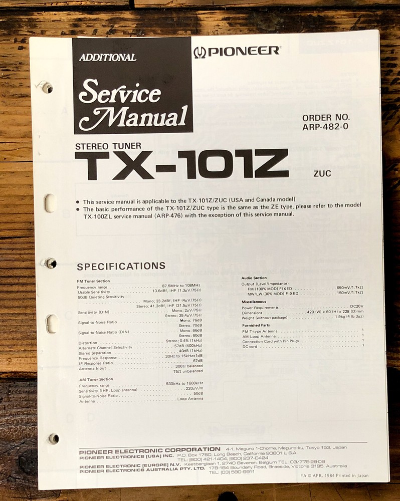 Pioneer TX-101Z Tuner Add. Service Manual *Original*