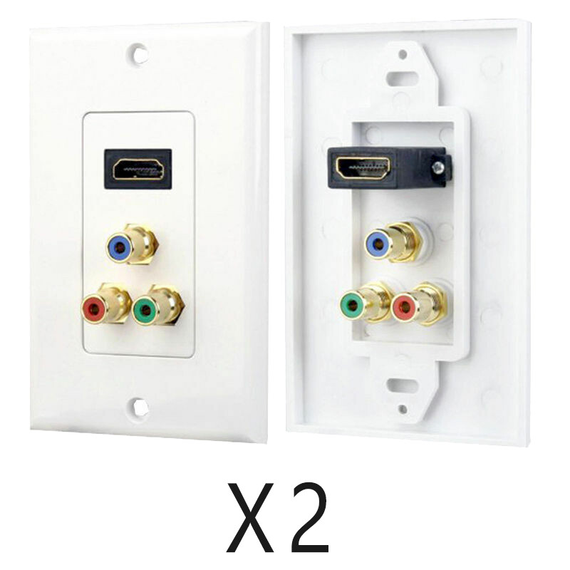 2 Pack HDMI + Component Video Media Wall Plate 3-RCA RGB Outlet Jack HDTV White