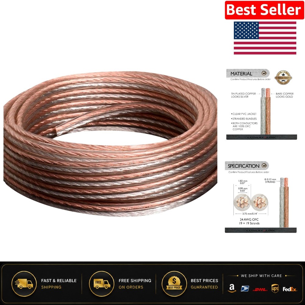 50ft OFC 24 Gauge Speaker Cable – 100% Oxygen Free Copper, 19 Strands
