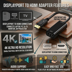 4K DisplayPort to HDMI Adapter DP Male to HDMI Female Cable Converter PC Laptop