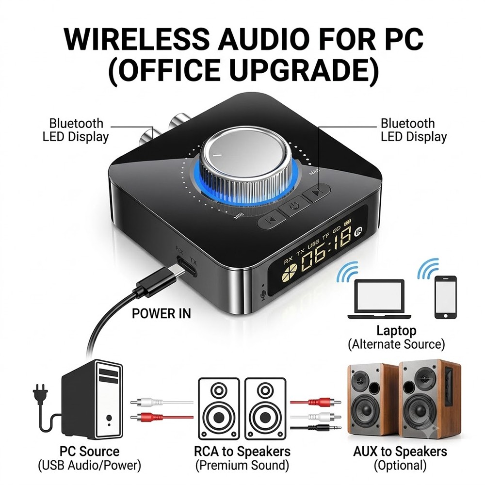 Bluetooth 5.0 Audio Receiver Transmitter with Volume Knob AUX RCA USB TF for TV