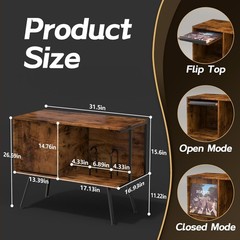 Rustic Flip Top Record Player Stand, 150+ Album Storage, Mid Century Turntabl…