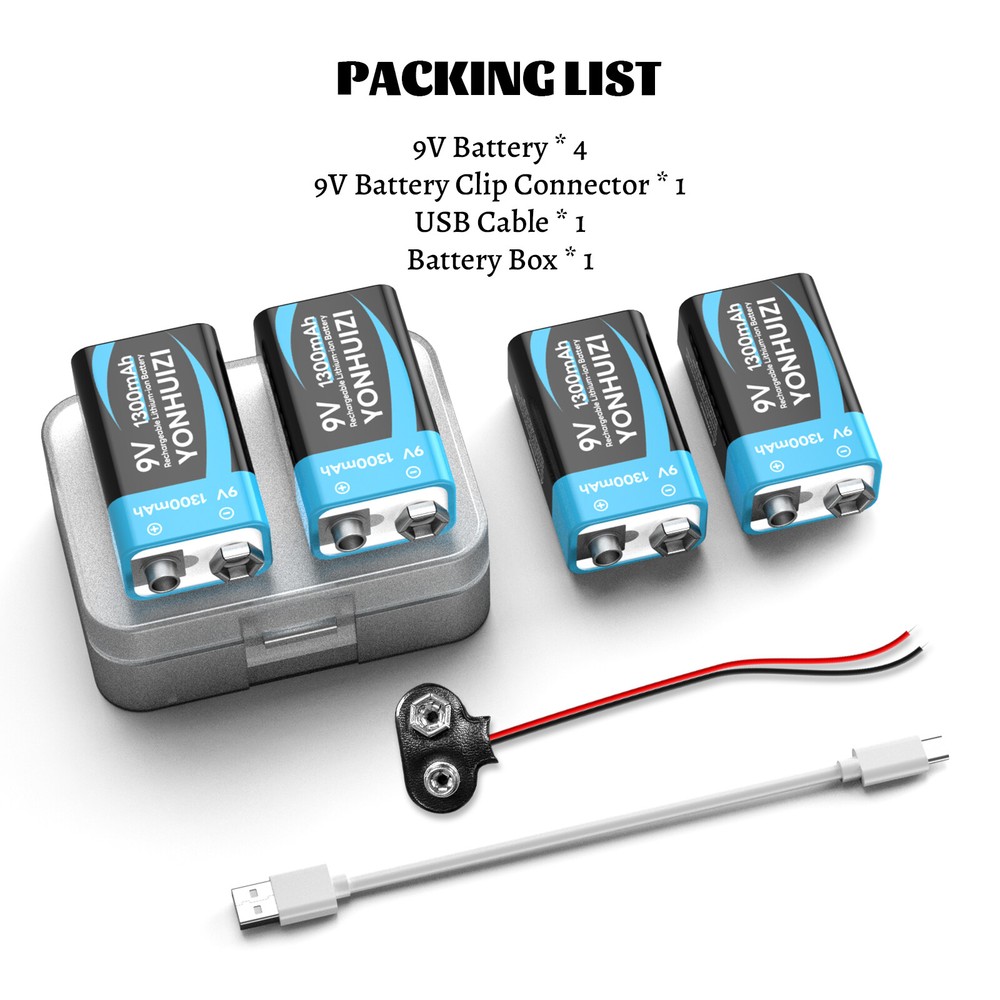 1300mAh USB 9V Battreries Lithium Rechargeable E-Block 9volt 6lr61 4pcs+Cable