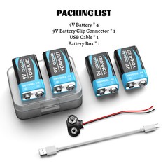 4 Pack 9V Block Rechargeable Batteries 6F 22 9 Volt 1300mAh for smoke detectors