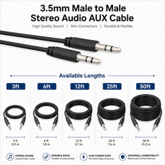 3.5mm Stereo Male to Male Audio Cable Slim Type – 3ft / 6ft / 12ft / 25ft / 50ft