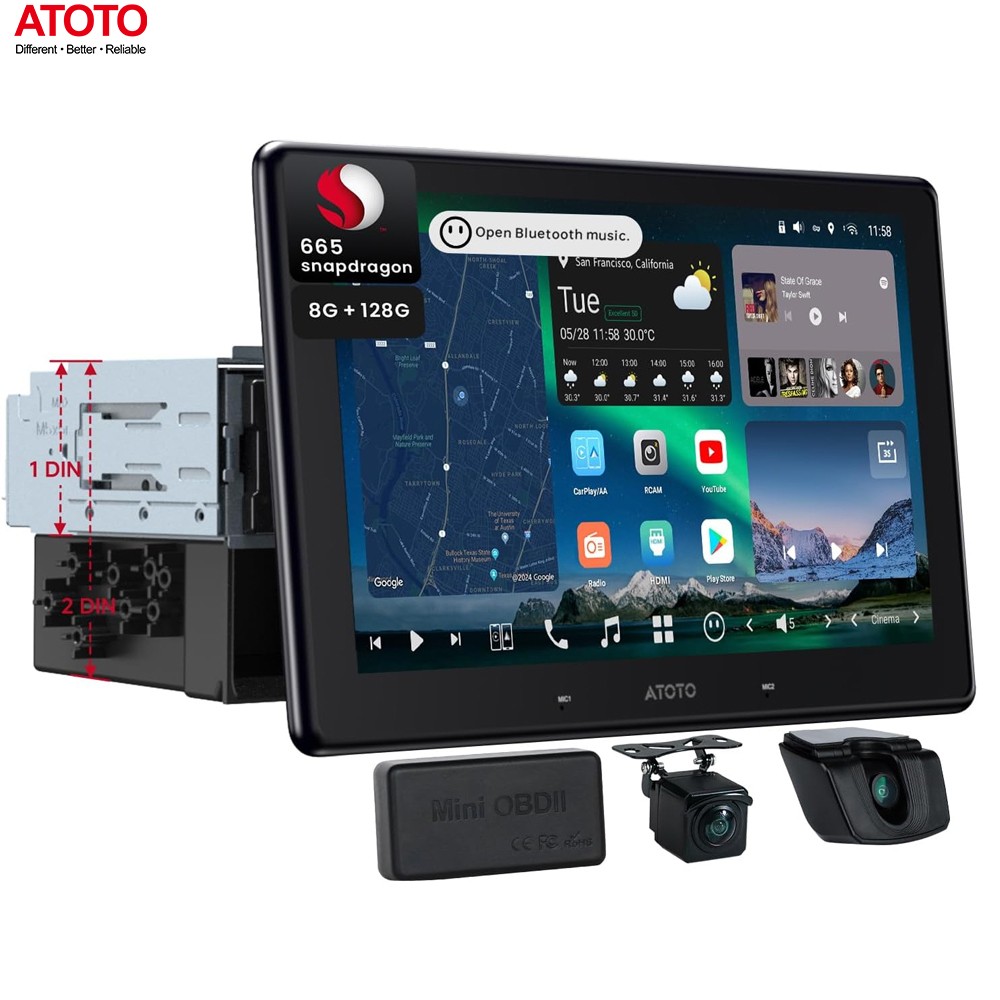 ATOTO X10 Floating 10″ 1/2 DIN Android 13 Car Radio GPS Stereo 8+128G OBDII +CAM