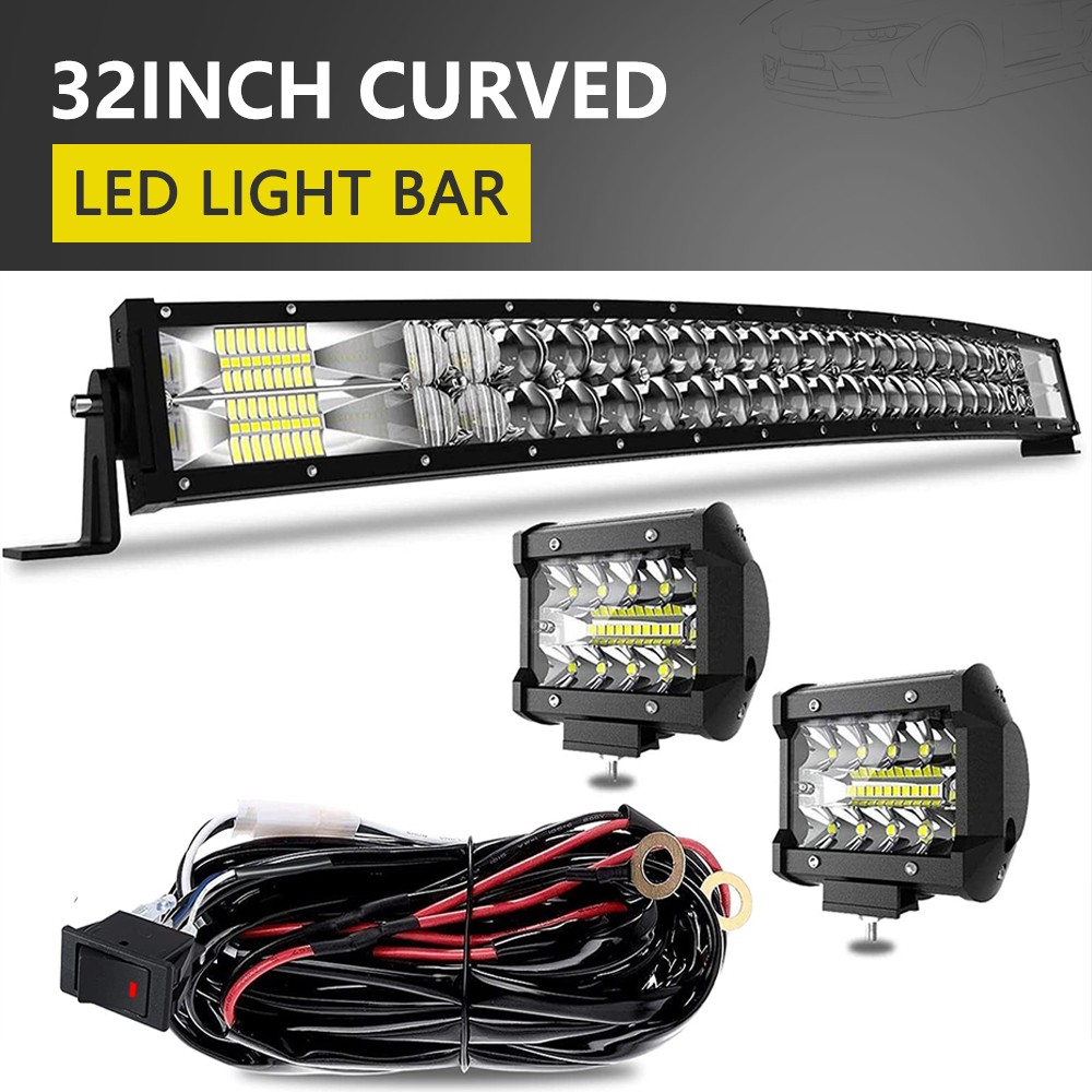LED Light Bar 32″ Curved & 2X 4″ 60W LED Pods Fog Lights Wiring Harness Kit