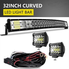 LED Light Bar 32″ Curved & 2X 4″ 60W LED Pods Fog Lights Wiring Harness Kit