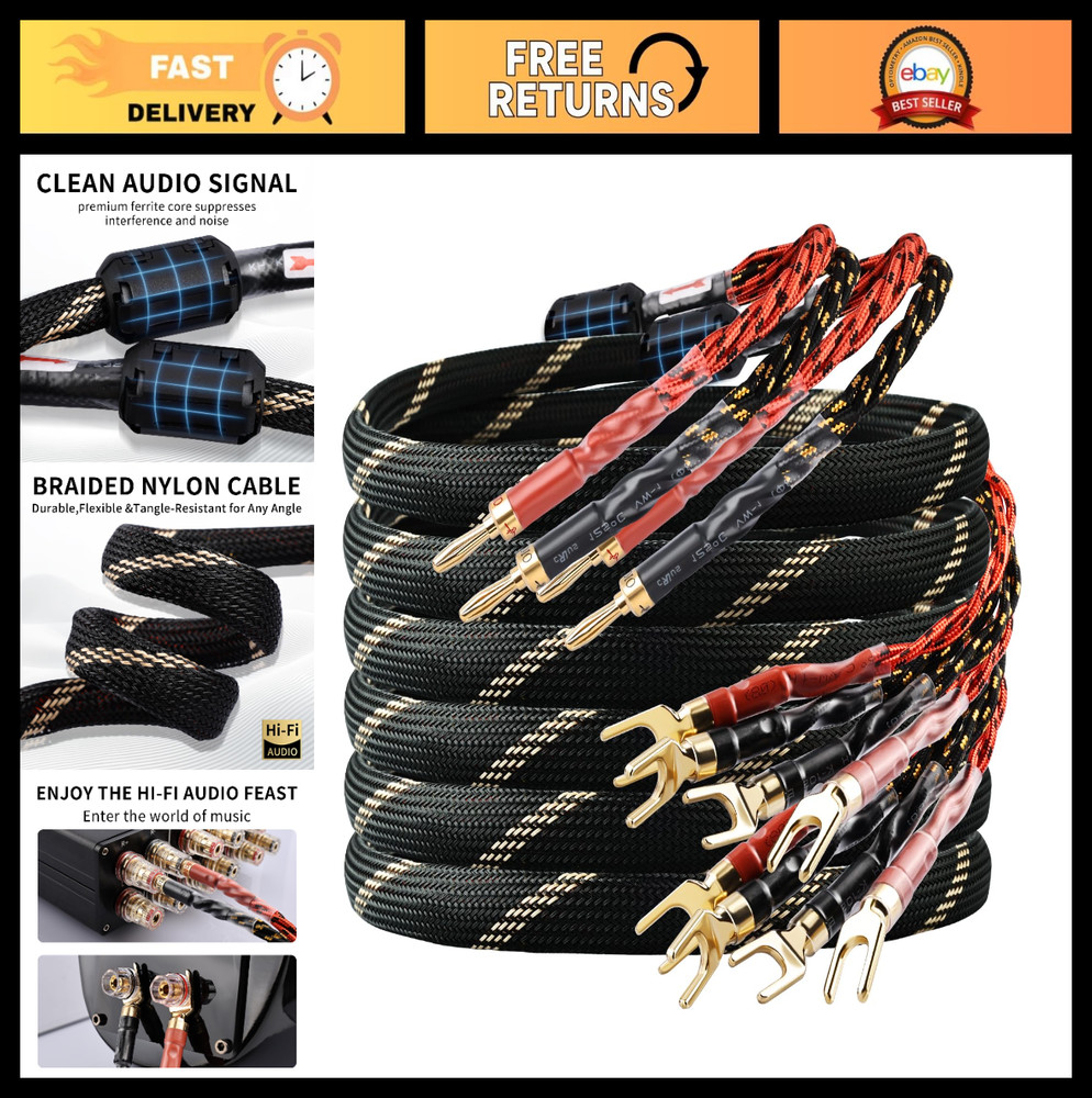 High-Quality 9 AWG Speaker Cable 2-Pack – 2 Banana Plugs to 4 Spades, 8.20ft, Ny