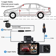 4K Dual Lens Car DVR Camera Dash Cam Front+Rear+Inside Video Recorder G-Sensor