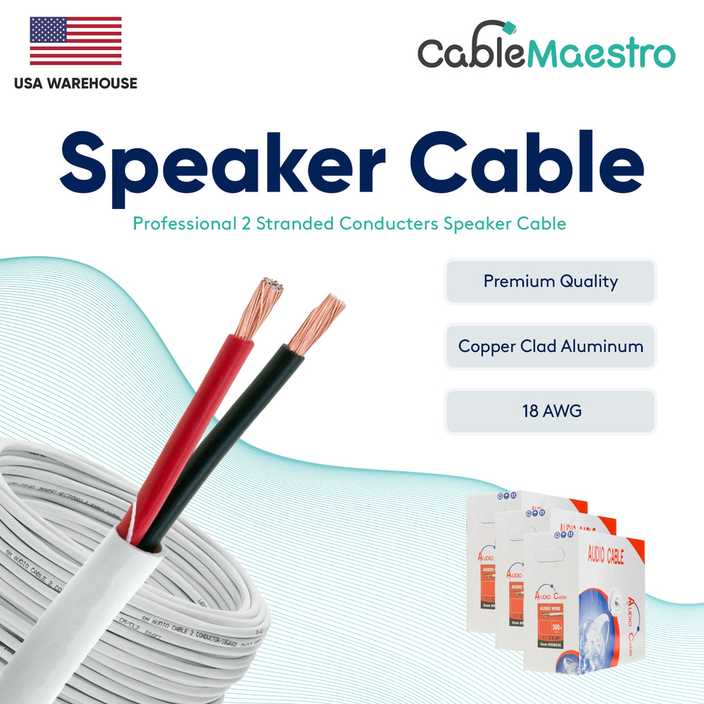 18AWG Speaker Cable 2 Conductors Wire Audio CL2 18/2 Gauge 50 100 250 500ft Lot