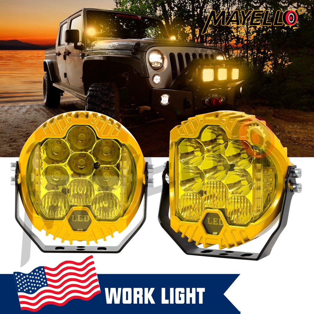 X2 5″ LED Work Light Bar Yellow Pod DRL Round Offroad Driving Truck ATV Fog Lamp