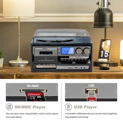 9-in-1 Vintage Bluetooth Record Player for Home Entertainment, 3-Speed Turnta…