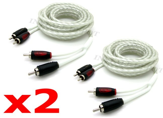 PAIR WHITE 18 FT HIGH END RCA CABLES 3X SHIELDED TWISTED CAR MARINE AMP 18 FEET