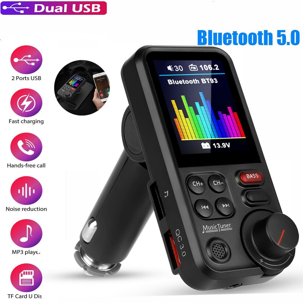 Wireless Car Bluetooth FM Transmitter Aux USB Charger Hands-Free Call Display