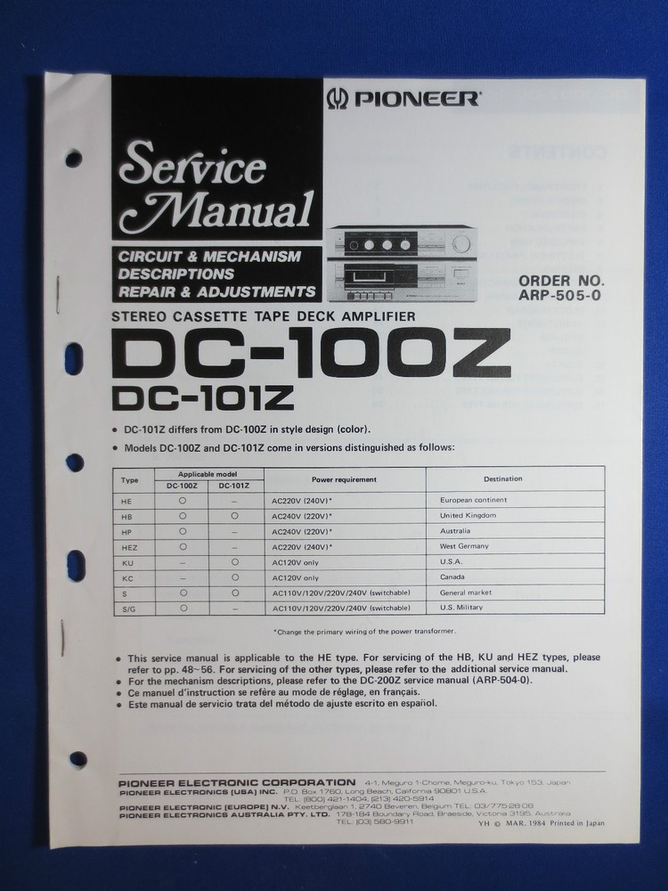 PIONEER DC-100Z DC-101Z CASSETTE DECK AMP SERVICE MANUAL ORIGINAL FACTORY ISSUE
