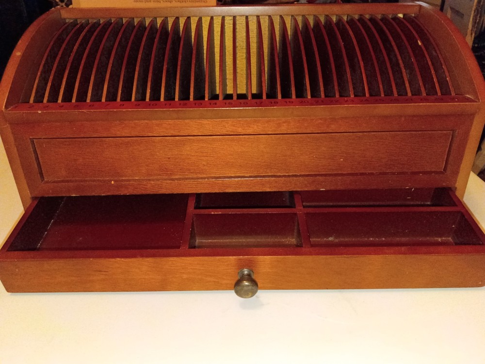Brown Wood Media Storage Box with Slotted Organizer and Pull-Out Drawer