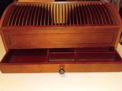 Brown Wood Media Storage Box with Slotted Organizer and Pull-Out Drawer