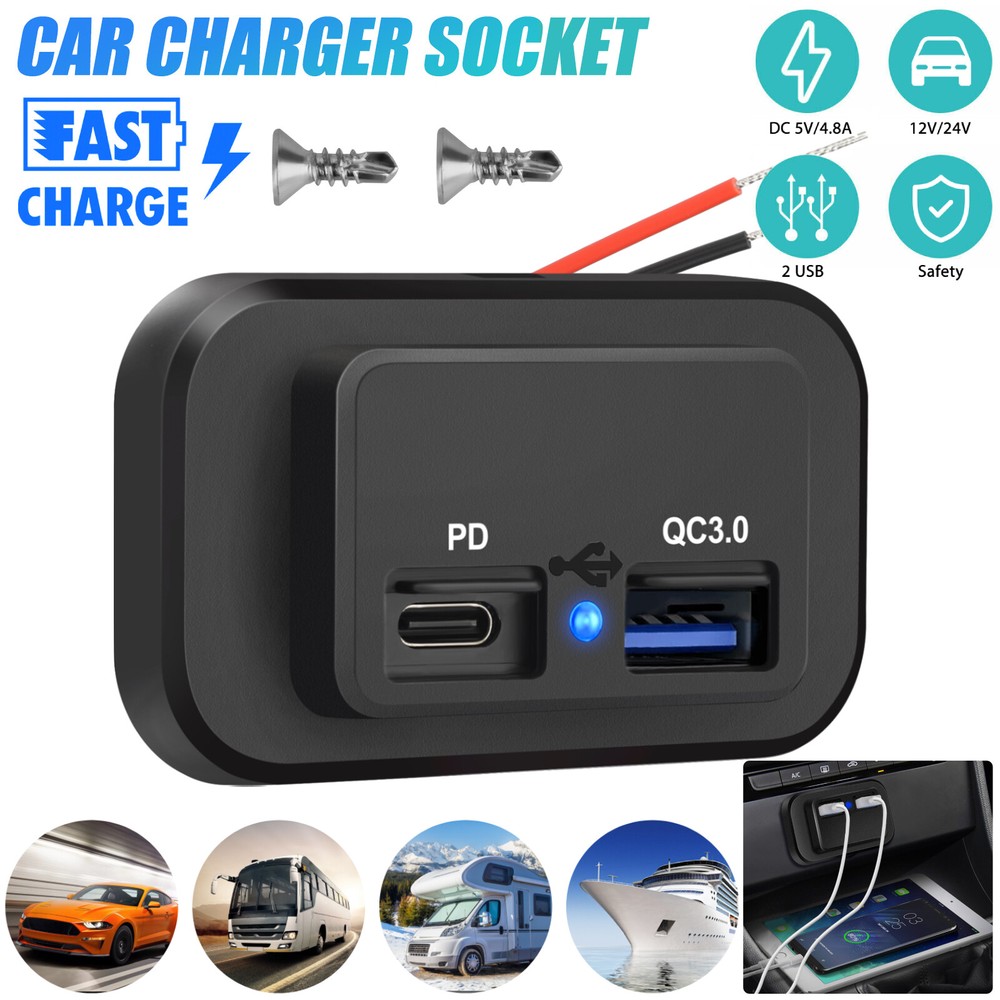 DC 12-24V 4.8A USB PD QC3.0 Car Fast Charger Socket LED Power Outlet For Boat RV