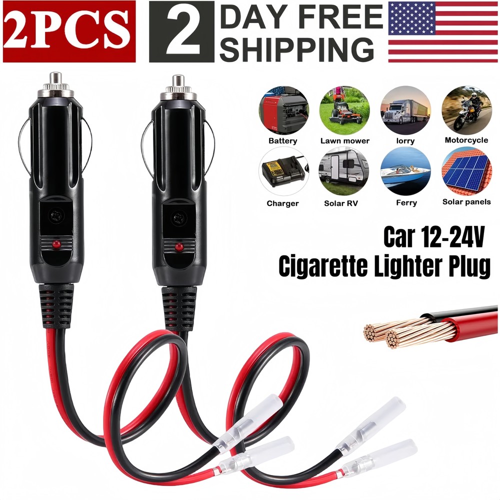 2PCS 12-24V Fused Male Car Cigarette Lighter Adapter Socket Plug Connector Cable