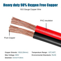 10 Gauge Wire 2 Conductors Copper Wire, 10 AWG Battery Cable Oxygen Free Copper