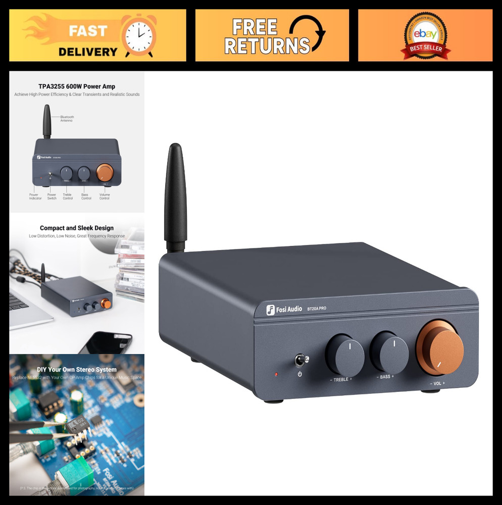 300W Bluetooth 5.0 Amplifier, Mini Class D Stereo Receiver, TPA3255, Bass Treble