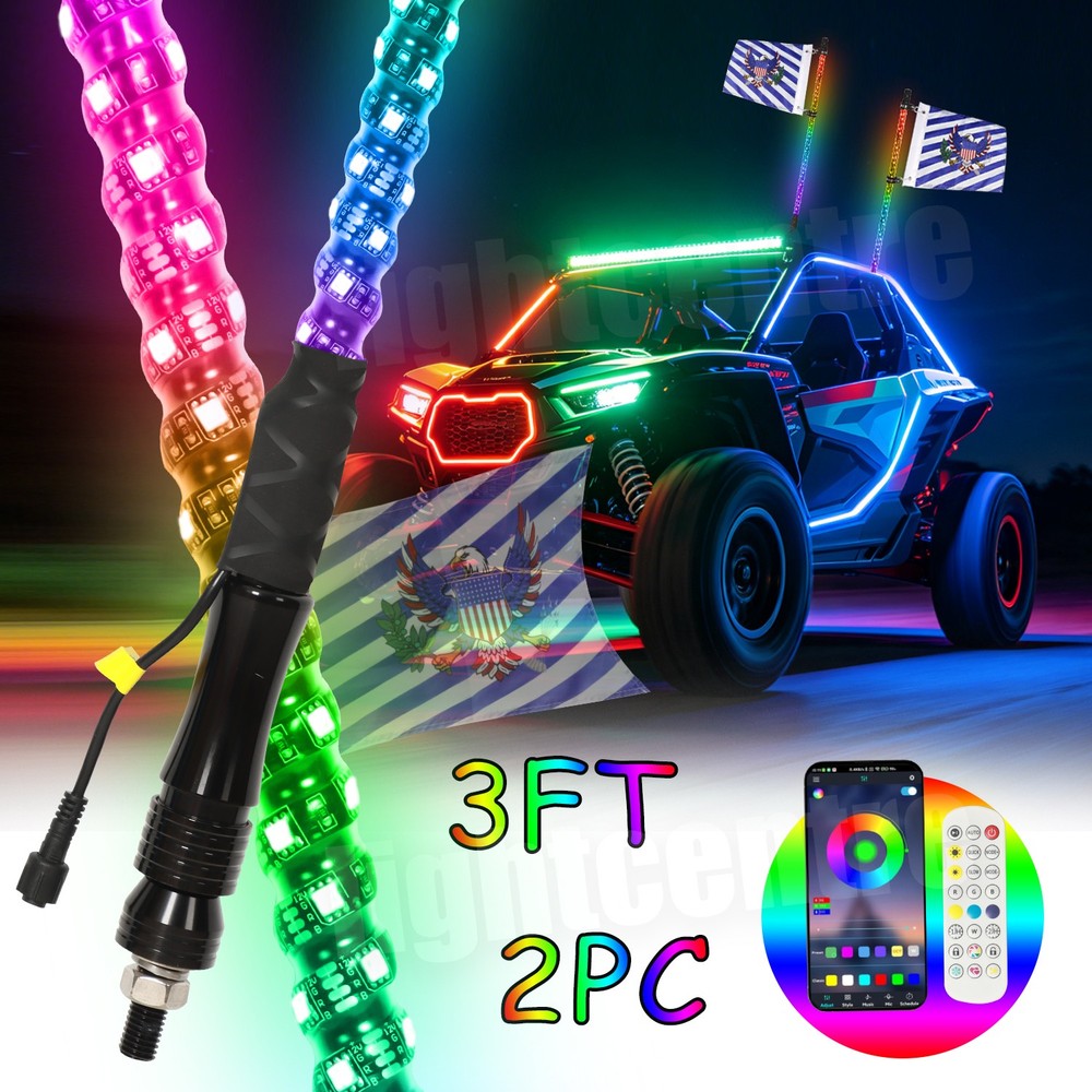 3-4FT RGB LED Whip Lights Spiral Antenna W/Flag & Remote APP For UTV ATV RZR