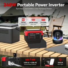240W Pure Sine Wave Inverter Compatible with Milwaukee 18V Battery,600lm LED