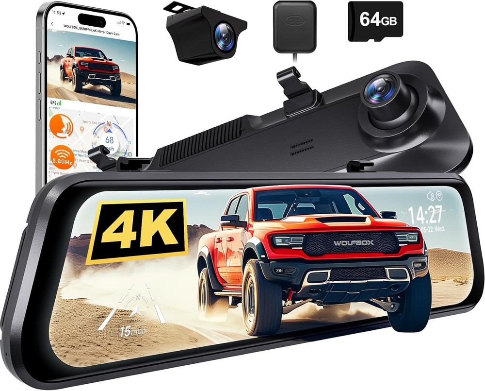 WOLFBOX G850 PRO Rear View Mirror Dash Cam GPS WiFi, Voice Control, ADAS & BSD