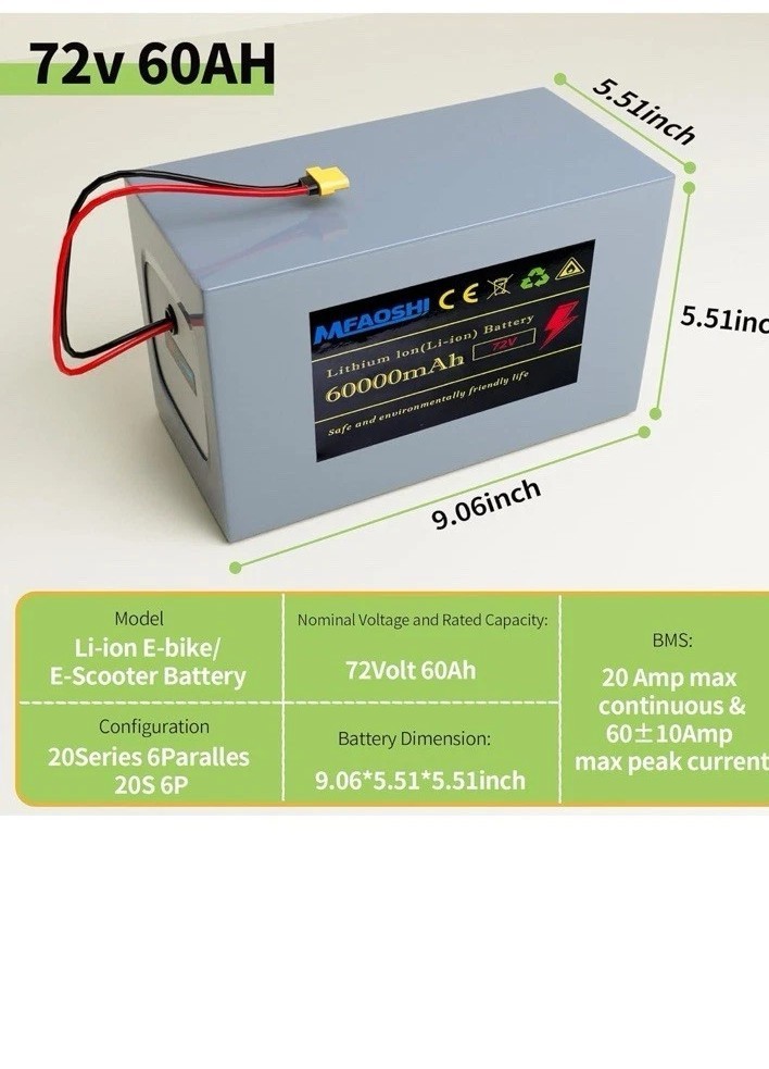 Mfaoshi 72V 30Ah Li-Ion Battery Pack with LED Power Indicator and 50A BMS