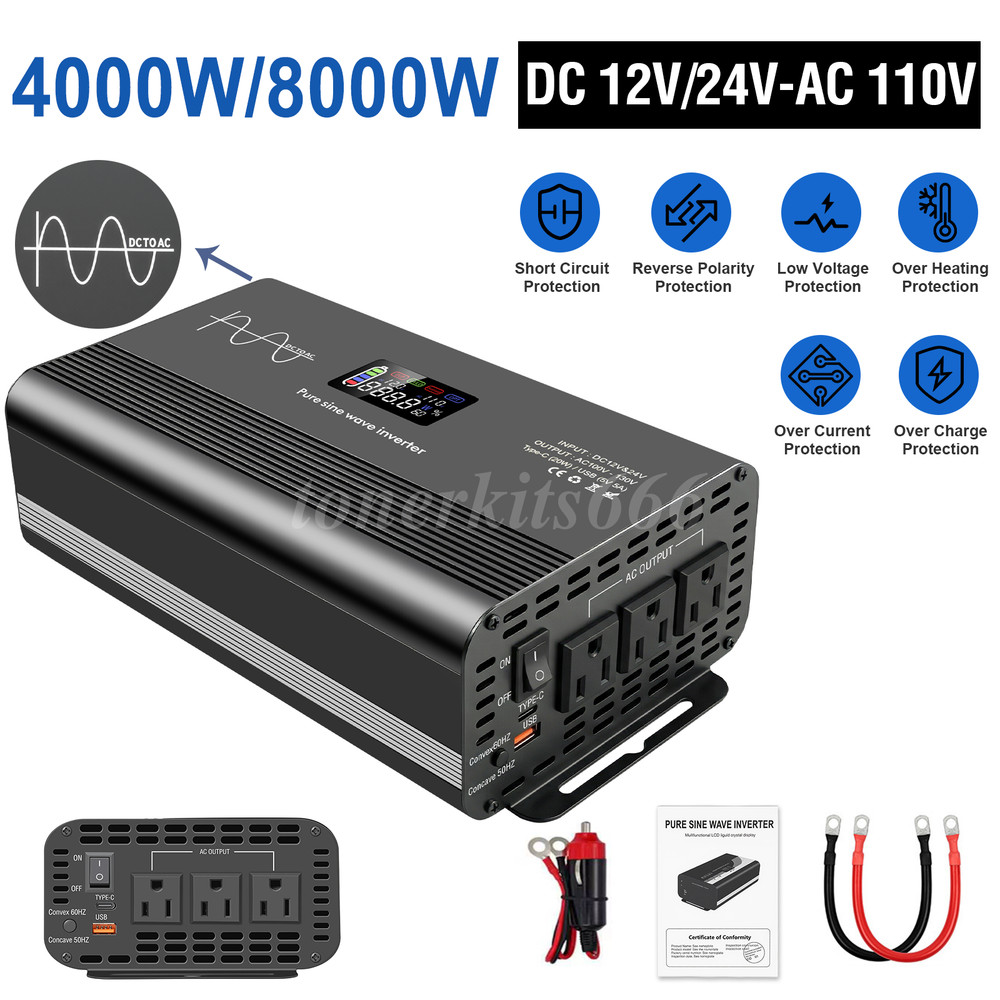 4000/8000W Power Inverter Pure Sine Wave Vehicle AC+USB+Type-C for Solar Systems