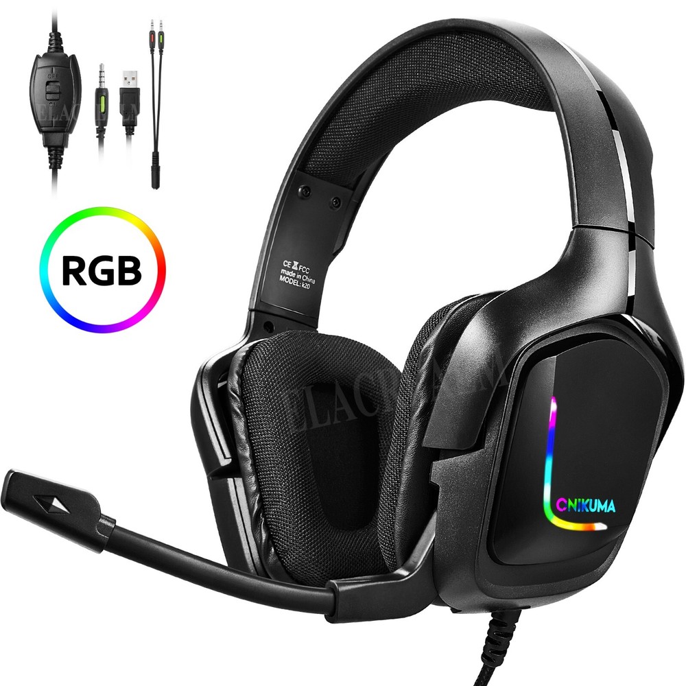 Black Wired Gaming Headsets Headphones Mic for PS5 PS4 Xbox One Switch PC RPI 3