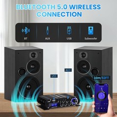 Bluetooth 5.0 Stereo Audio Receiver Amplifier 2.1 Channel Hi-Fi Amp &USB/RCA/AUX