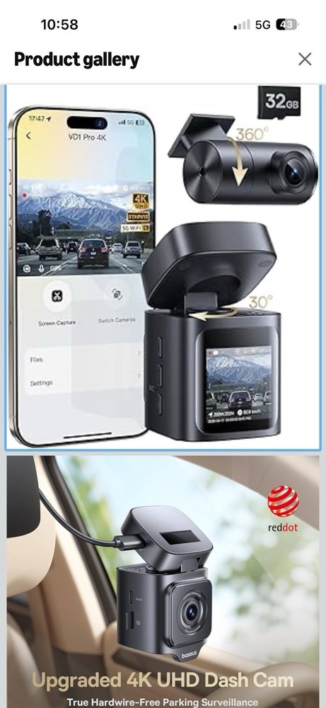 Baseus VD1 Pro Solar Dash Cam Front and Rear, 4K+1080P Dash Camer – SEALED