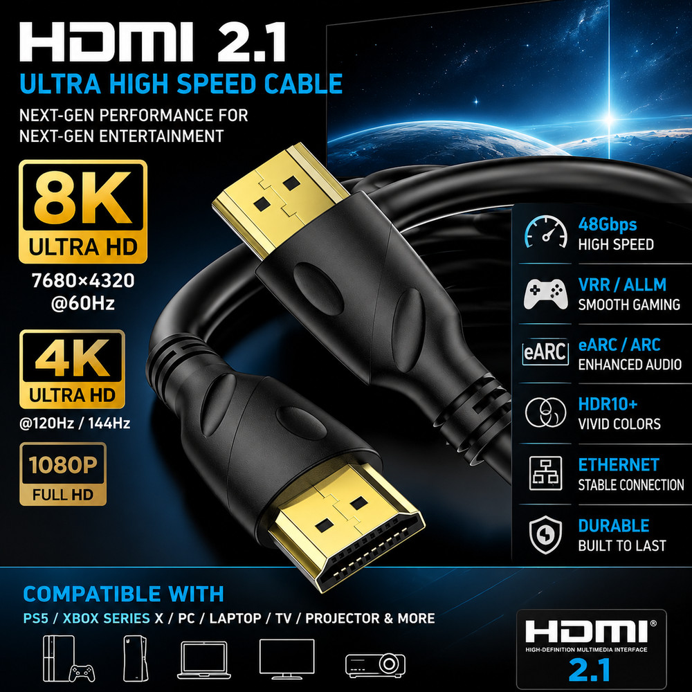 HDMI 2.1 Cable 8K 48Gbps Ultra High Speed 4K 120Hz 144Hz eARC HDR Braided UHD