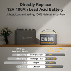 Power Queen 12V 50Ah LiFePO4 Smart Lithium Iron Battery W/BMS IP65 For Solar RV