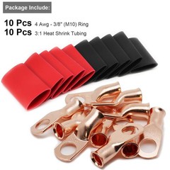 20PCS 4 AWG Gauge Copper Lugs w/ BLACK & RED Heat Shrink End Ring Terminals Wire