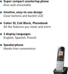 Panasonic Compact Cordless Phone / DECT 6.0, 1.6″ 1-Handset KX-TGB810S Black/Sil