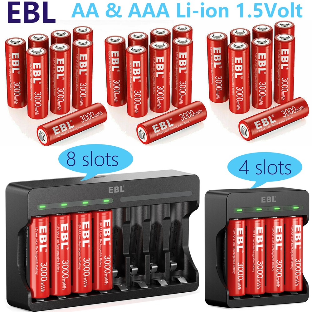 EBL AA AAA Rechargeable Batteries Li-ion 1.5Volt Lithium/ Multi-Slot Charger Lot