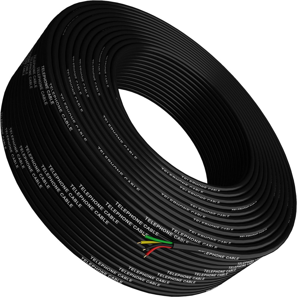 Phone Cable 300Ft Rounded Black Roll (100M Long) 4X1/0.4 26 AWG Gauge Solid Wire