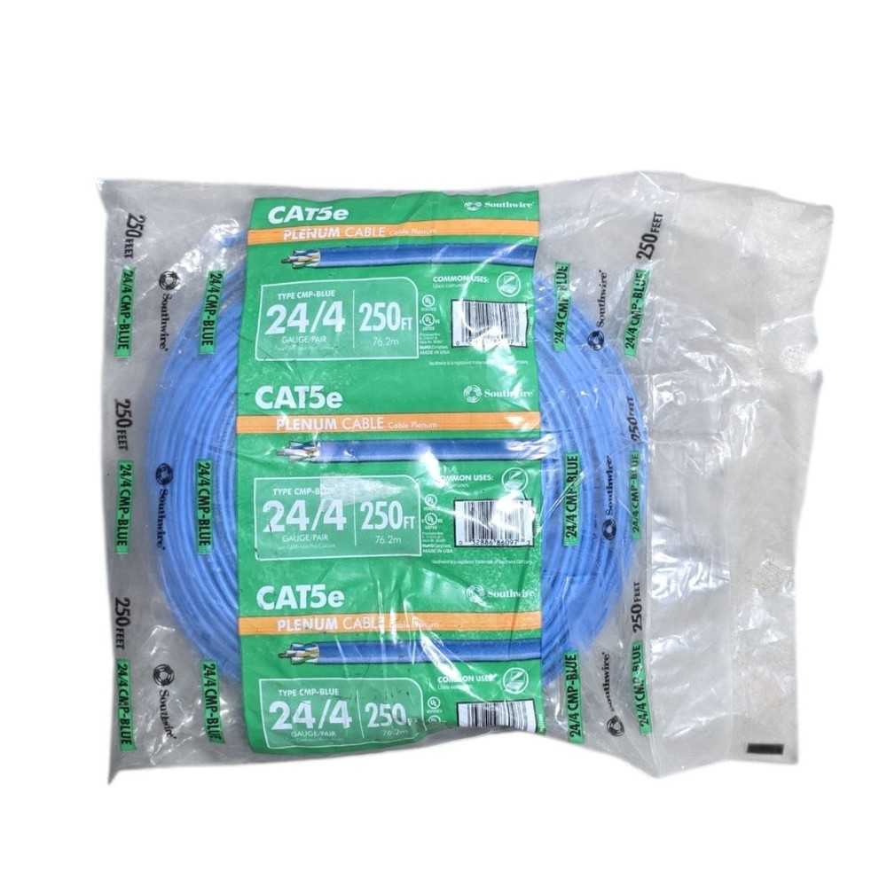 Southwire 250 ft. Blue 24/4 Solid CU CAT5e CMP (Plenum) Data Cable