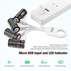 4x EBL RCR123 CR123A CR123 Batteries 3V Lithium Li-ion USB Rechargeable w/Cable