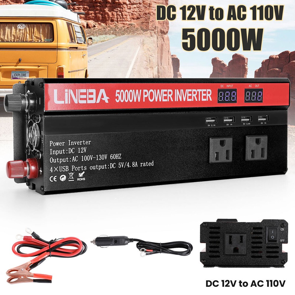 5000W Sine Wave Solar Converter 3000W Car Power Inverter DC 12V To AC 110V 4 USB